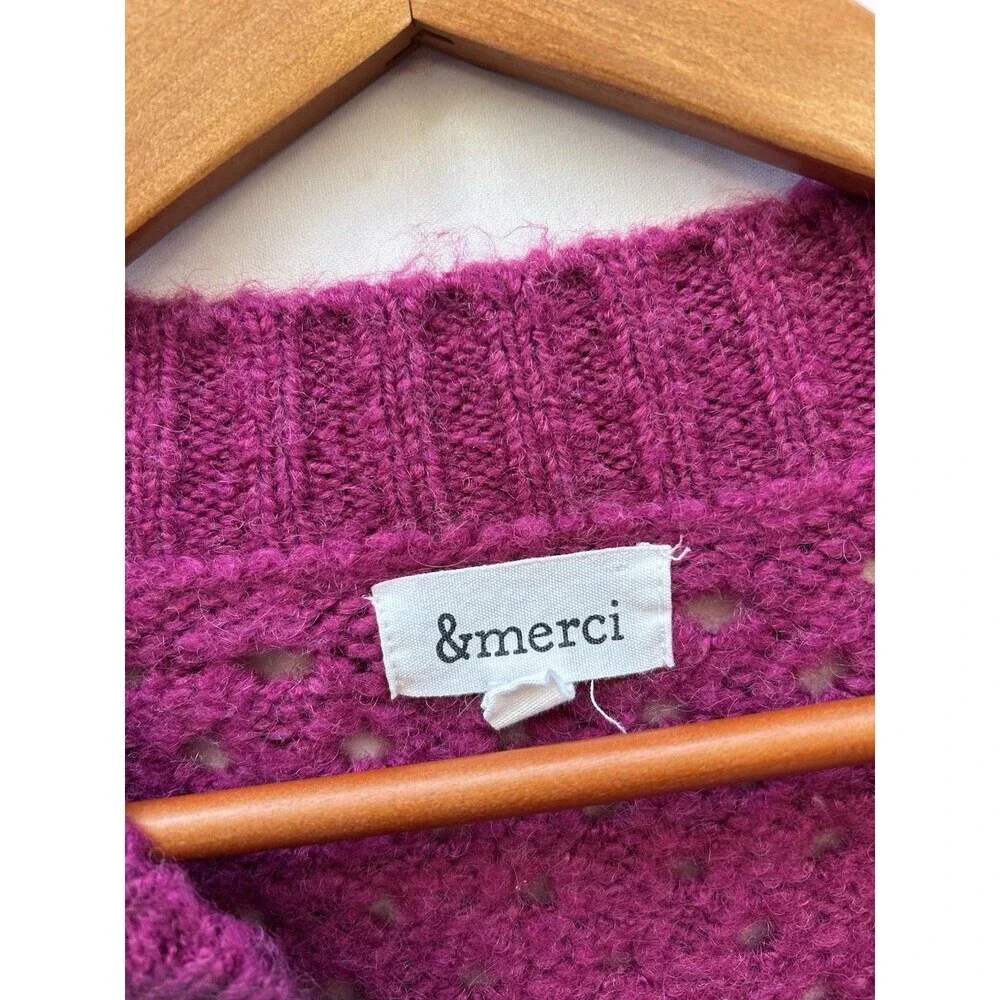 &Merci Women M Berry Pink Open Cable Knit Chunky Wool Mohair Blend Sweater